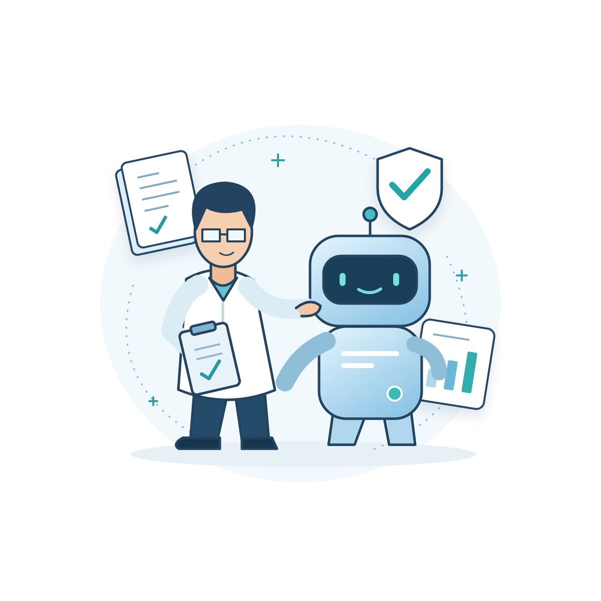 A human expert supervises an AI assistant, reviewing scientific publications and validating structured results.